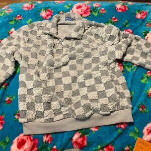 Grey checkered blue waters pullover women's small